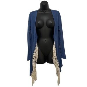 Charming Charlie Blue Long Sleeve Open Front Cardigan w/ Crochet Trim Size Small